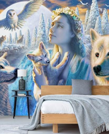 Fondo de pantalla de espíritu de chica de montaña con lobos Fondo de pantalla de espíritu de chica de montaña con lobos