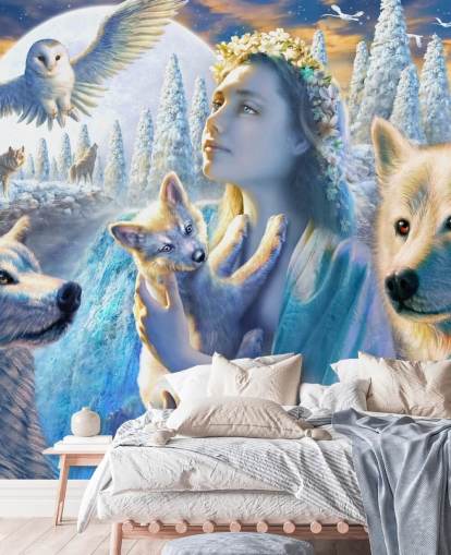 Spirit of Mountain Girl med ulve kunst tapet