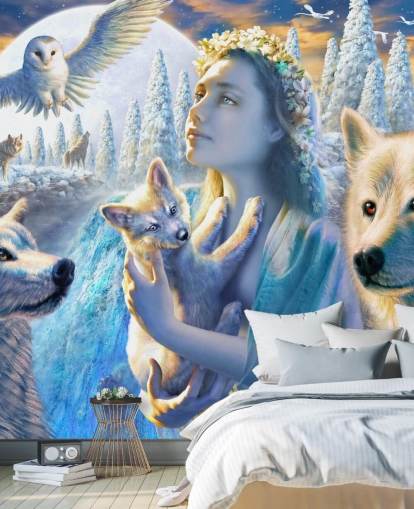 Spirit of Mountain Girl with Wolves Art Wallpaper