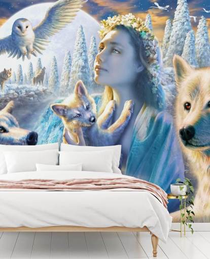 Fondo de pantalla de espíritu de chica de montaña con lobos Fondo de pantalla de espíritu de chica de montaña con lobos