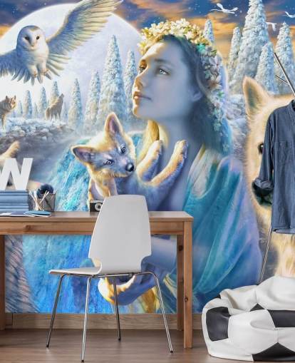 Spirit of Mountain Girl with Wolves Art Wallpaper