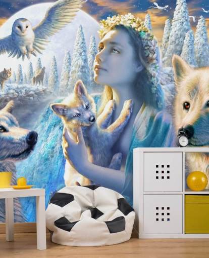 Carta da parati Spirit of Mountain Girl con Lupi Art