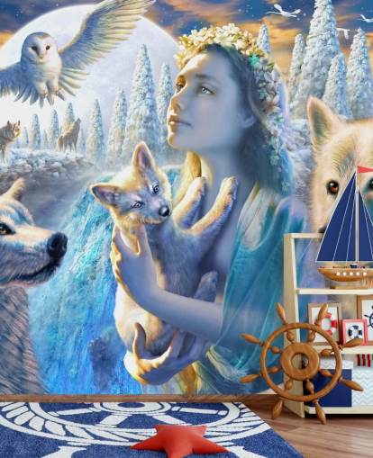 Carta da parati Spirit of Mountain Girl con Lupi Art