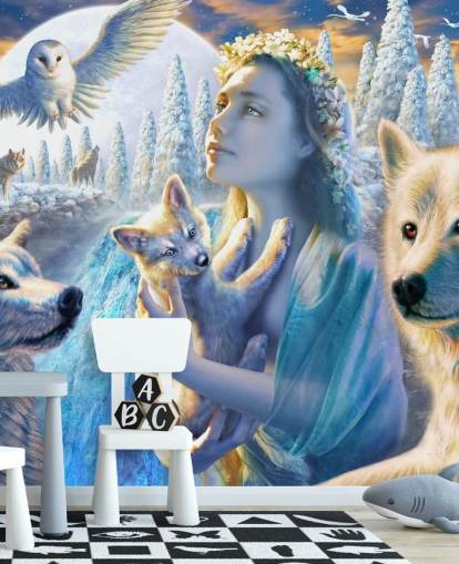 Fondo de pantalla de espíritu de chica de montaña con lobos