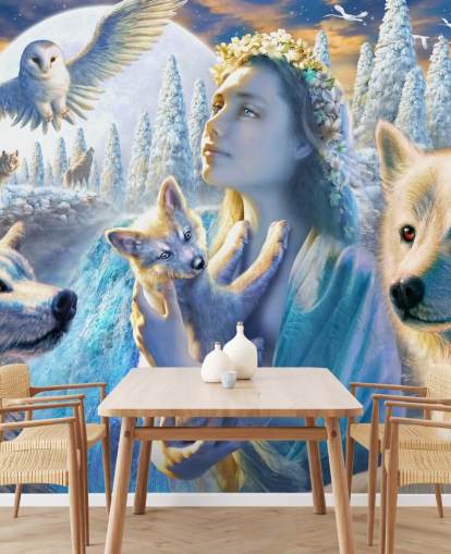 Spirit of Mountain Girl with Wolves Art Wallpaper