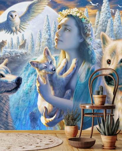 Fondo de pantalla de espíritu de chica de montaña con lobos