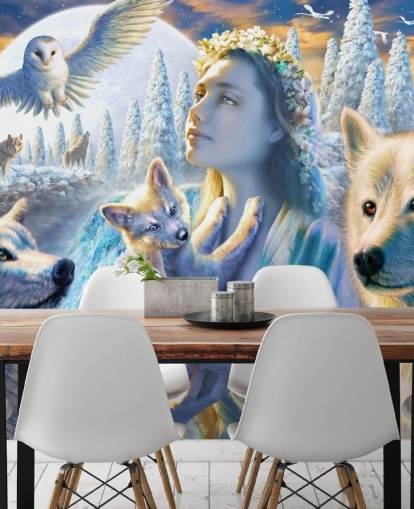 Spirit of Mountain Girl with Wolves Art Wallpaper