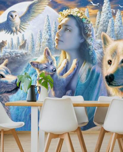 Fondo de pantalla de espíritu de chica de montaña con lobos