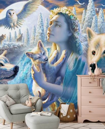 Spirit of Mountain Girl mit Wölfen Kunsttapete