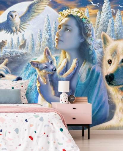 Fondo de pantalla de espíritu de chica de montaña con lobos