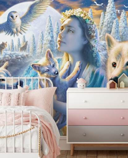 Spirit of Mountain Girl med ulve kunst tapet