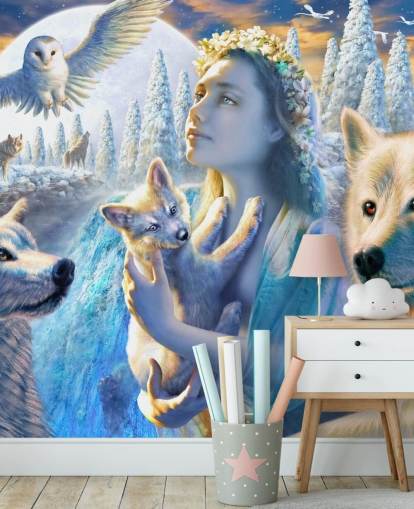Spirit of Mountain Girl com Lobos Art Wallpaper
