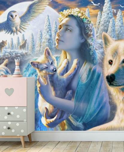 Spirit of Mountain Girl com Lobos Art Wallpaper