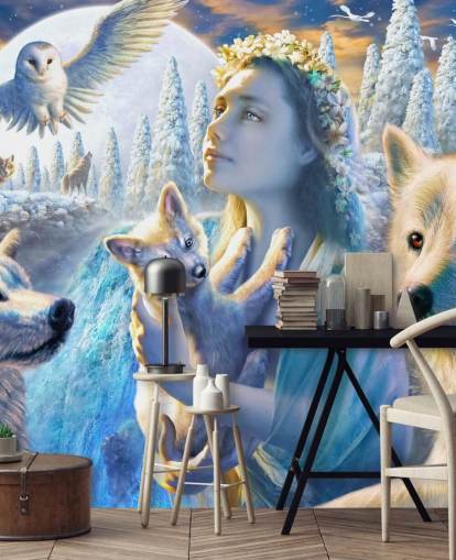 Spirit of Mountain Girl with Wolves Art Wallpaper