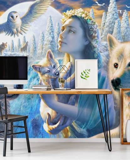 Spirit of Mountain Girl with Wolves Art Wallpaper