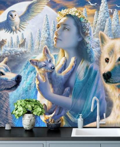 Spirit of Mountain Girl with Wolves Art Wallpaper