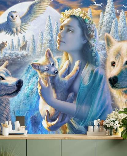 Spirit of Mountain jente med ulver kunst tapet Spirit of Mountain jente med ulver kunst tapet