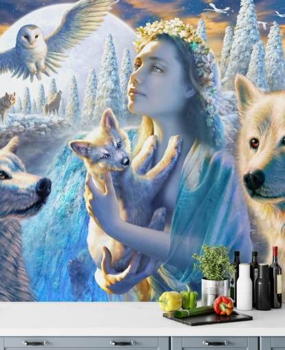 Fondo de pantalla de espíritu de chica de montaña con lobos