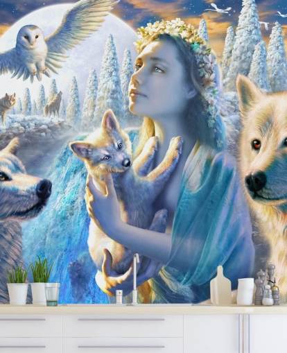 Fondo de pantalla de espíritu de chica de montaña con lobos