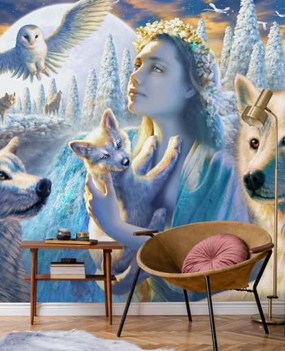 Spirit of Mountain Girl with Wolves Art Wallpaper