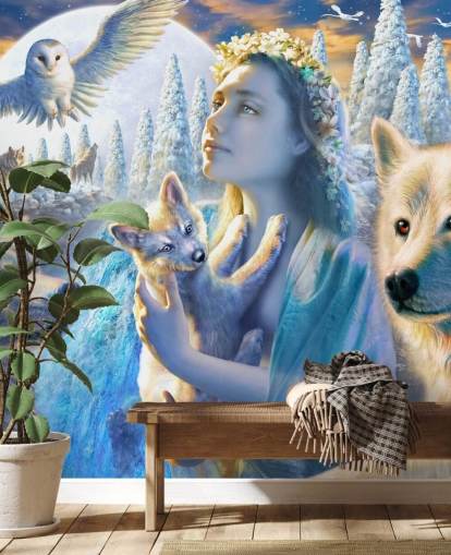 Spirit of Mountain Girl with Wolves Art Wallpaper