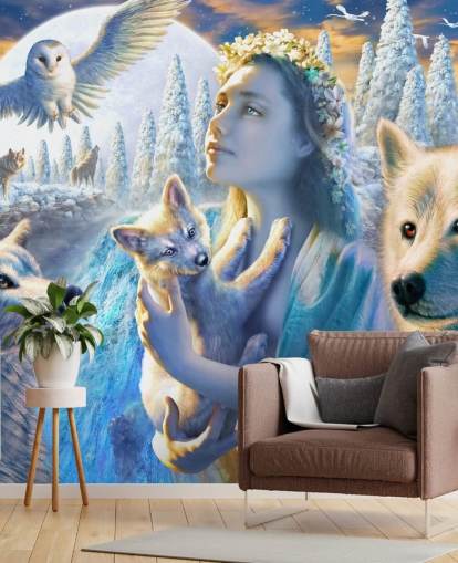 Spirit of Mountain Girl with Wolves Art Wallpaper