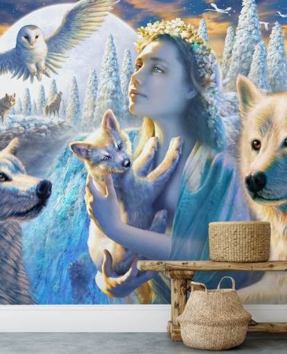 Fondo de pantalla de espíritu de chica de montaña con lobos