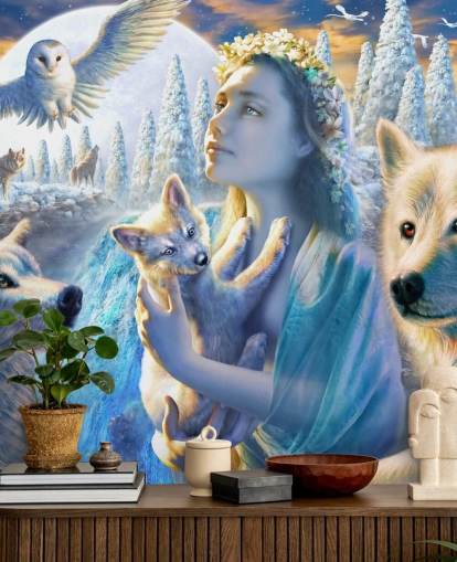 Spirit of Mountain Girl with Wolves Art Wallpaper