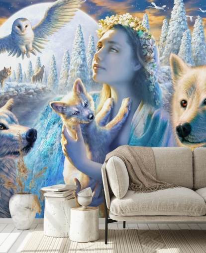 Fondo de pantalla de espíritu de chica de montaña con lobos