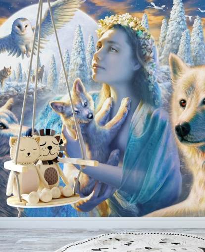 Spirit of Mountain Girl with Wolves Art Wallpaper