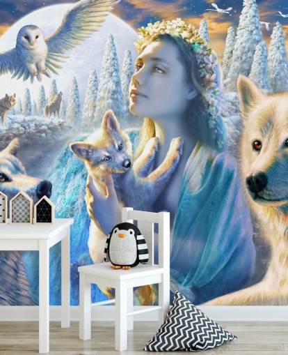 Fondo de pantalla de espíritu de chica de montaña con lobos Fondo de pantalla de espíritu de chica de montaña con lobos