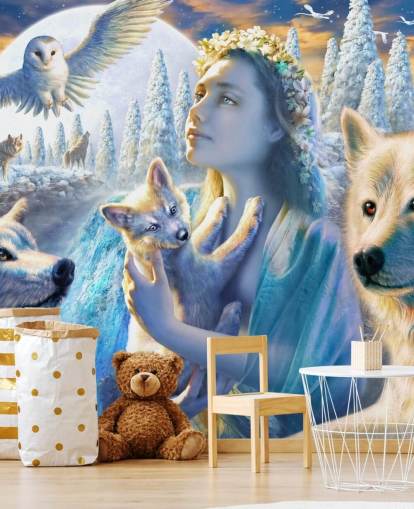 Spirit of Mountain Girl med ulve kunst tapet