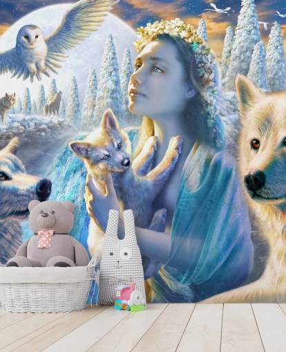 Fondo de pantalla de espíritu de chica de montaña con lobos