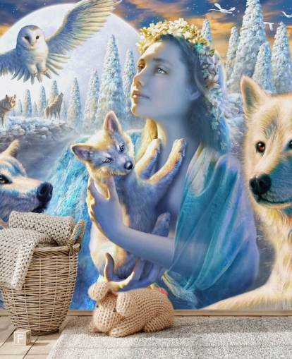 Carta da parati Spirit of Mountain Girl con Lupi Art