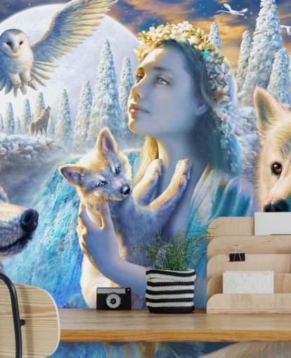 Spirit of Mountain Girl with Wolves Art Wallpaper