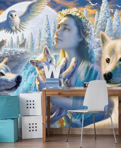 Spirit of Mountain Girl with Wolves Art Wallpaper