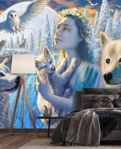 Spirit of Mountain Girl with Wolves Art Wallpaper