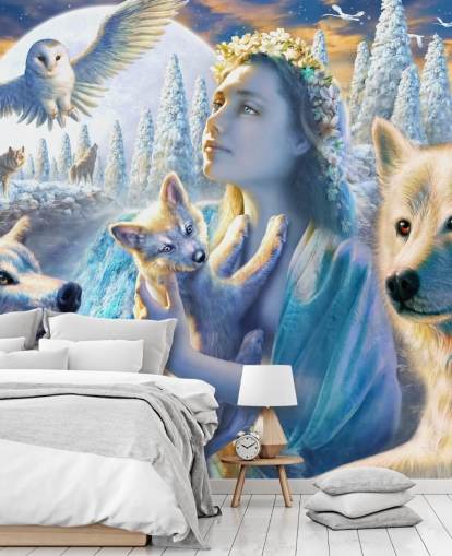 Spirit of Mountain jente med ulver kunst tapet