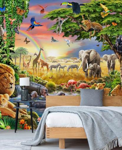 carta da parati murale colorata personalizzabile con animali chiamata Waterhole di Adrian Chesterman per la cameretta dei bambini