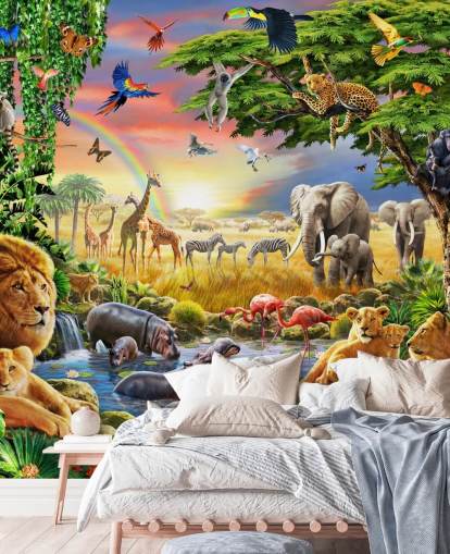 colorful customizable animal wallpaper mural called Waterhole by Adrian Chesterman for child's bedroom