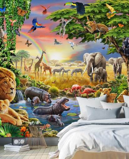 colorido mural de papel pintado de animales personalizable llamado Waterhole de Adrian Chesterman para dormitorio infantil