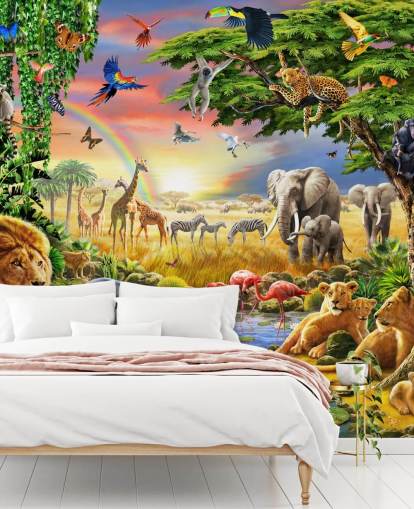 Buntes personalisierbares Tapetenbild mit Tiermotiv namens Waterhole von Adrian Chesterman für das Kinderzimmer