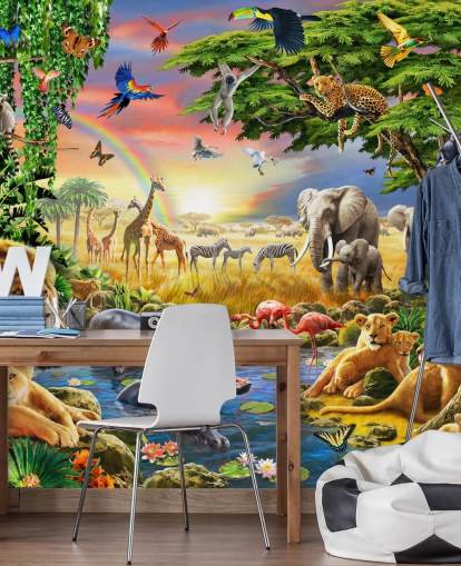 Buntes personalisierbares Tapetenbild mit Tiermotiv namens Waterhole von Adrian Chesterman für das Kinderzimmer