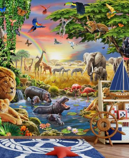 carta da parati murale colorata personalizzabile con animali chiamata Waterhole di Adrian Chesterman per la cameretta dei bambini