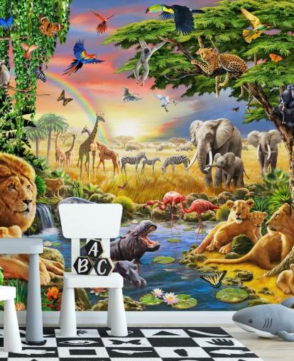 kleurrijke aanpasbare dierenbehangmuurschildering genaamd Waterhole van Adrian Chesterman voor de kinderkamer