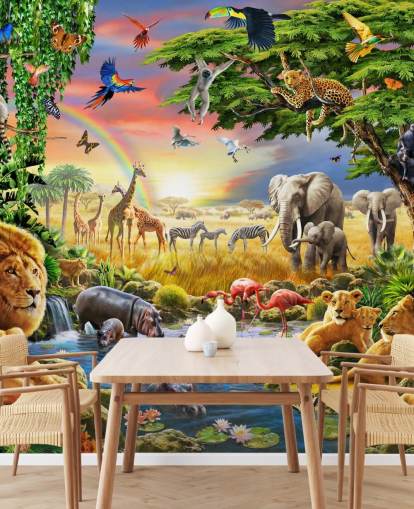 papier peint animalier coloré personnalisable appelé Waterhole par Adrian Chesterman pour la chambre d'enfant