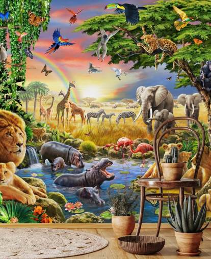 Buntes personalisierbares Tapetenbild mit Tiermotiv namens Waterhole von Adrian Chesterman für das Kinderzimmer