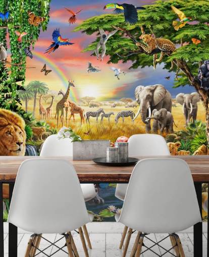 colorful customizable animal wallpaper mural called Waterhole by Adrian Chesterman for child's bedroom