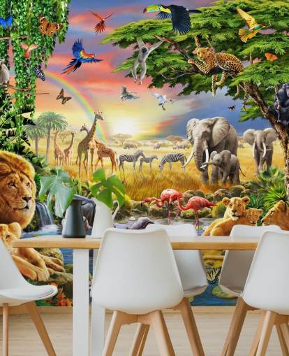 Buntes personalisierbares Tapetenbild mit Tiermotiv namens Waterhole von Adrian Chesterman für das Kinderzimmer