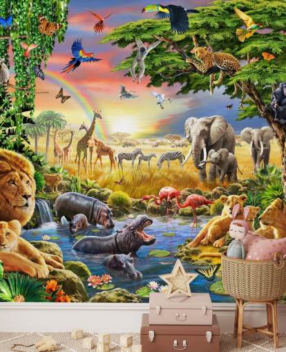 kleurrijke aanpasbare dierenbehangmuurschildering genaamd Waterhole van Adrian Chesterman voor de kinderkamer
